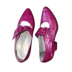 Vintage 80s Magenta Leather Mary Jane Block Heel Bow Buckle Italy Retro 6.5